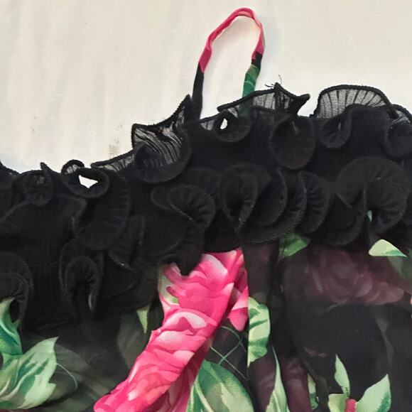 vintage forever 21 sheer Pink floral off the shoulder blouse black ruffle trim - Picture 4 of 7